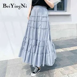 Beiyingni Długi Plus Size Kobiety Spódnica Vintage Plised Patchwork Wysoka Talia Gotyckie Spódnice Moda Koreański Saias Midi Faldas 210416