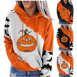 Kvinnors Tröjor Mode damer Långärmad Hooded Tröja Top Kvinnor Ficka Halloween ColourBlock Printed Sudadera de Meliod