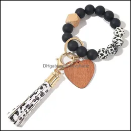 أزياء مفاتيح الأزياء Aessories تفضل Food Wrist Key Chain Beads Event Love Love Wooden Bead Bangle Bangle-keychain pu tassel anti-lost keyri