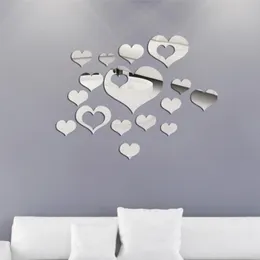 Vägg klistermärken 3d silver spegel hjärtan dekoration DIY plast mode 16PCs