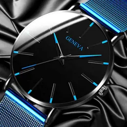 2021 Genewa Minimalistyczny zegarek Mężczyźni Ultra Cienka Blue Stainless Steel Mesh Pas Es Mężczyzna Business Casual Quartz Nadgarstek
