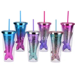 350ml Gradient Mermaid Tail Water Tumbler With Straw Sequin Plastic Drinking Cup Double Wall Milk Mug For Christmas Gift