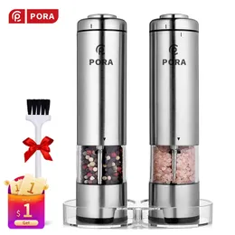 PORA-Salt and Pepper Shaker with Stand Grinder Set Stainless Steel Automatic Flour Mill for Kitchen Electric Spice 210712