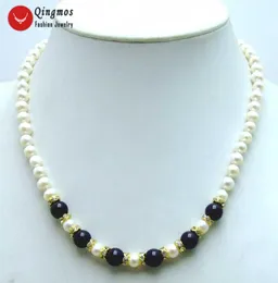 Girocolli di perle naturali alla moda Qingmos Collana da donna con agate nere da 8 mm 6-7 mm bianche 17 "Fine Jewelry-nec5832