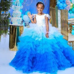 Weiße und blaue Feder-Blumenmädchenkleider für die Hochzeit, Rüschen, Mädchen-Festzug-Kleid, Spitzenapplikationen, Prinzessin-Kinderkleider