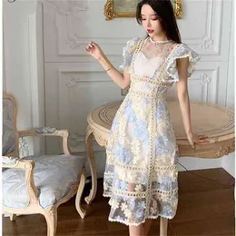 Flower Embroidery Lace Dress Women Summer Runway Robe De Soiree Longue Short Sleeve Casual Party Long Dresses vestidos 210514