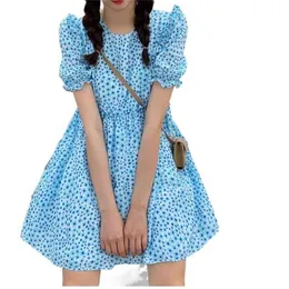 4XL Plus Size Fashion mini dress Chic Blue Floral Doll Dress Cute Puff Sleeve Casual Loose Platycodon First Love Mori Series 210520