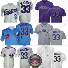 Montreal Expos 33 Larry Walker Retro Jersey 1982 Beyaz İnce Çizgili Expos Mavi 2020 Onur Listesi Yama Beyaz Gri Mor Boyut S-3XL