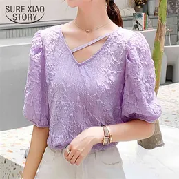 Summer Puff Sleeve V-Neck Szyfonowa Koszula Kobieta Luźny Top Chemisier Femme Taro Purpurowy Projekt Mecz Mały 10057 210508