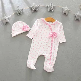 Kinderkleidung 0-3 Monate Baby Mädchen Outfits T-Shirt Hosen verbunden + Stirnband Baumwolle Blumen Dekoration Cuit Bebe Fille 210528