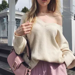BLSQR Casual Solid Sweaters Women V-neck Elegant Vintage Chic Tops Female 2021 Streetwear Fashion Loose Sweater Lady Y1110