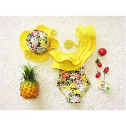 Vintage baby girl ruffles straps swimsuit children triangle flower pattern swimwear +cap set 210529