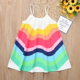 Summer Summer Stripe Slip Dresses Dla Maluch Dziewczynek Rękawów Rainbow Dress Sukienka Kamizelki Sukienki Ubrania luźno Q0716