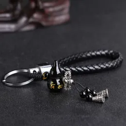 Natural Obsidian Gourd Calabash Pendant Car Keychain Fashion Round Beads Key Chain Zinc Alloy Key Ring Men Women Jewelry Gift H0915