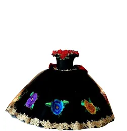 2022 Big Flowers Embroidered Mini Quinceanera Dresses Little Girls 3D Floral Applique Pealrs Pageant Dress Toddler Communion Forma234I