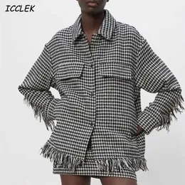 Za Kobiety Koszulki Oversize Houndstooth Płaszcze Kurtka Z Kieszonką Kobieta Vintage Plaid Spring Tassel Płaszcz Traf Mujer 211029