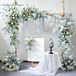 Custom 2021 New Blue Serie Artificial Floral Arrangement Wedding Arch Decor Corner Flower Row Party Stage Backdrop Flower Wall