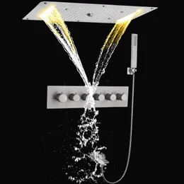Gebürstete Nickel-Niederschlags-Duschmischer 70x38 cm LED Thermostatische Badezimmer Duschen Combo-Set mit handgehaltenem Sprühkopf