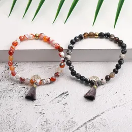 Strand 6MM Natural Stone Beaded Bracelets & Bangles Tassel Elastic Rope Energy Agate Pendant Jewelry Gift With Card for Women Men