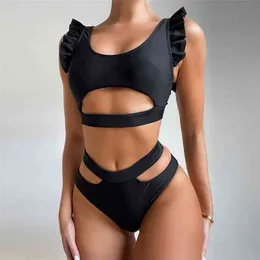 Sexig hög midja bikini kvinnor baddräkt ankomst badkläder ihålig ut tryck randig baddräkt beachwear Biquini kvinnlig 210625