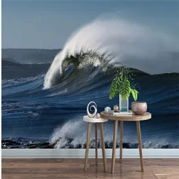 Anpassade 3D -tapeter Vackra landskap Bakgrundsbilder Blue Waves Bakgrundsbilder 3D Stereoskopisk tapet