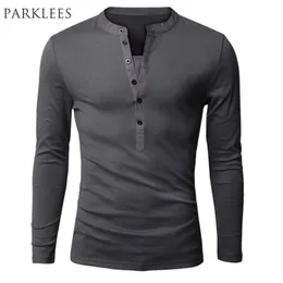 Unik T-shirt Män Märke Singel Breasted V Neck Långärmad Henley Shirt European Fashion Dark Grey Tee Te shirt Men T-shirt XXL 210409