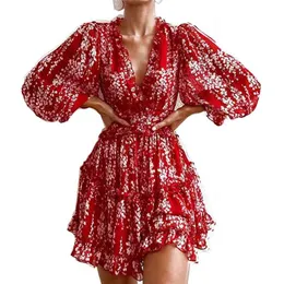 Venda Ruffles Impressão Vermelha Chiffon Mini Vestido de Feriado Mulheres Sexy Voltar Corte de Beach Fill Frill Robe para Lady 210508