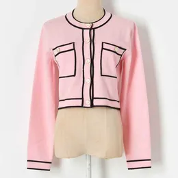 Spring Sweaters Women Double Pocket Round Neck Long Sleeve Pink Crop Cardigan Knitted Coat Fashion Sweet Knitwear Contrast 210610