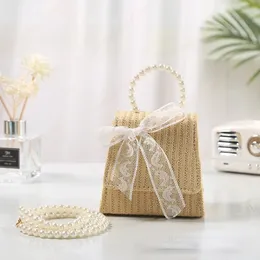 Dzieci Mini Torebka 2021 Summer Słomy Mała Dziewczynka Koronki Bow Cross Body Torba Rattan Handmade Baby Coin Pasta Tot