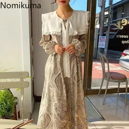 Nomikuma Koreanska Chic Dresses Kontrastfärg Tryckt En Linje Slank Midja Vintage Klänning Kvinnor Slå ner Krage Långärmad Vestidos 210514