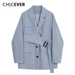 Chicever patchwork blazer för kvinnor Notched Långärmad Sashes Fickor Stor Storlek Casual Coats Kvinna Höstkläder 211006