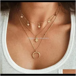 Necklaces & Pendants Drop Delivery 2021 Women Star Style Pendant Clavicle Chain Creative Simple Octagonal Crescent Three-Layer Necklace Fashi