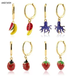 ANDYWEN 925 Sterling Silver Fruits Drop Earring Aros Pulpo Papaya Circle Loops Rock Punk Summer Jewelry Clips 210608