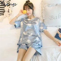 Summer Cool Women's Pajamas Sets with Flower Print Fashion Luxury Female Faux Silk Two Pieces Shirts + Pants Nighties Sleepwear 210421