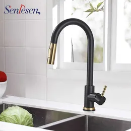 Senlessen Kitchen Faucet Wyciągnij Dysza Opryskiwacza Czarny Złoty Kran Pokład Mount and Cold Water Single Hanlde Kitchen Sink 210724