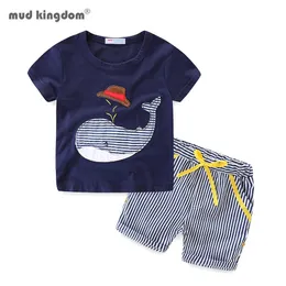 Mudkingdom boys outfits söt tecknad whale mönster t-tröjor randig sommar shorts set 210615