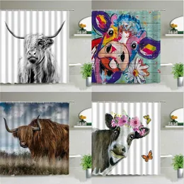 Kwiat Highland Cow Motyw Prysznic Zasłony Farm Animal 3D Print Wodoodporna tkanina Łazienka Zasłona Zestaw Wanna Sztuka Decor z hakiem 211116