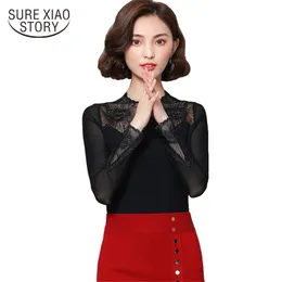 sexy hollow out solid black lace women shirt winter fashion long sleeves silk yarn blouse top blusas 083H 30 210506