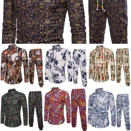 2019 Novo Algodão Boutique e Linho Moda Impressão Casual Camisa de Mangas Longa + Calças Moda Masculina Casual Ternos Conjunto Masculino X0610
