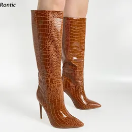 Rontic Stivali al ginocchio da donna fatti a mano a molla Modello Tacchi a spillo unisex Punta a punta Belle scarpe da sera marroni Taglia USA 5-16