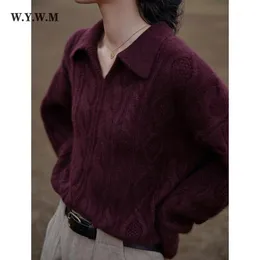Kvinnors tröjor WYWM 2021 Vinterstickad tröja Kvinnor Koreansk Vintage Elegant Turn-Down Collar Pullover Höst Solid Långärmad Kvinnlig Top