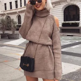 Womens Fall Sweaters Turtleneck Sweater Casual Off Shoulder Knitted Sweater Dress Women Long Pullovers Knitting Jumpers 210521