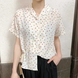 Летний корейский отворот печатной рубашки женского колледжа ветер тонкий повседневный шифон блузка 210607
