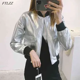 Autumn Women Short Silver Pu Faux Leather Jacket O-neck Zipper Long Sleeve Motorcycle Biker Slim Coat Outwear 210430