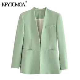 KPYTOMOA Женщины Мода Офис Офис Офис Wordless Blazer Пальто Урожай С Длинным Рукавом Карманы Welt Женская Верхняя Одежда Chic Весел 210930