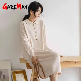 Autumn Women's Dress Office Casual Long Sleeve Maxi Sweater Oversize Turndown Elegant Knitted 210428