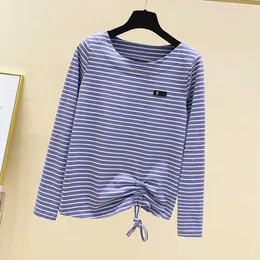 Shintimes Bow Drawstring T-shirt Kobiety Striped Aplikacje Topy T Koreańska Moda S Odzież Tee Femme 210615