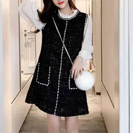 Fake Two Piece Patchwork Tweed Woolen Dress Women Long Sleeve Vintage Sequins Korean Elegant Vestido Da Festa Winter 210520