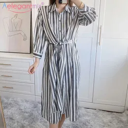 Aelegantmis Striped Long Shirt Dress for Women Sashes Casual Office Lady Sleeve BF Dresses Single Breasted Vestidos 210607