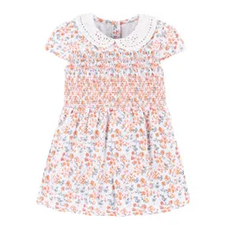 Liten maven ny sommar barn blommig tryckt ljus orange peter pan krage spets smock lykta tjejer 2-7yrs bomull stickade klänningar Q0716